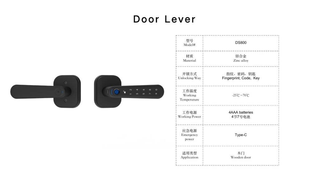 Preview of page 2 from the Starlight smart lock product catalog, showing DS800 imagery and its specification table