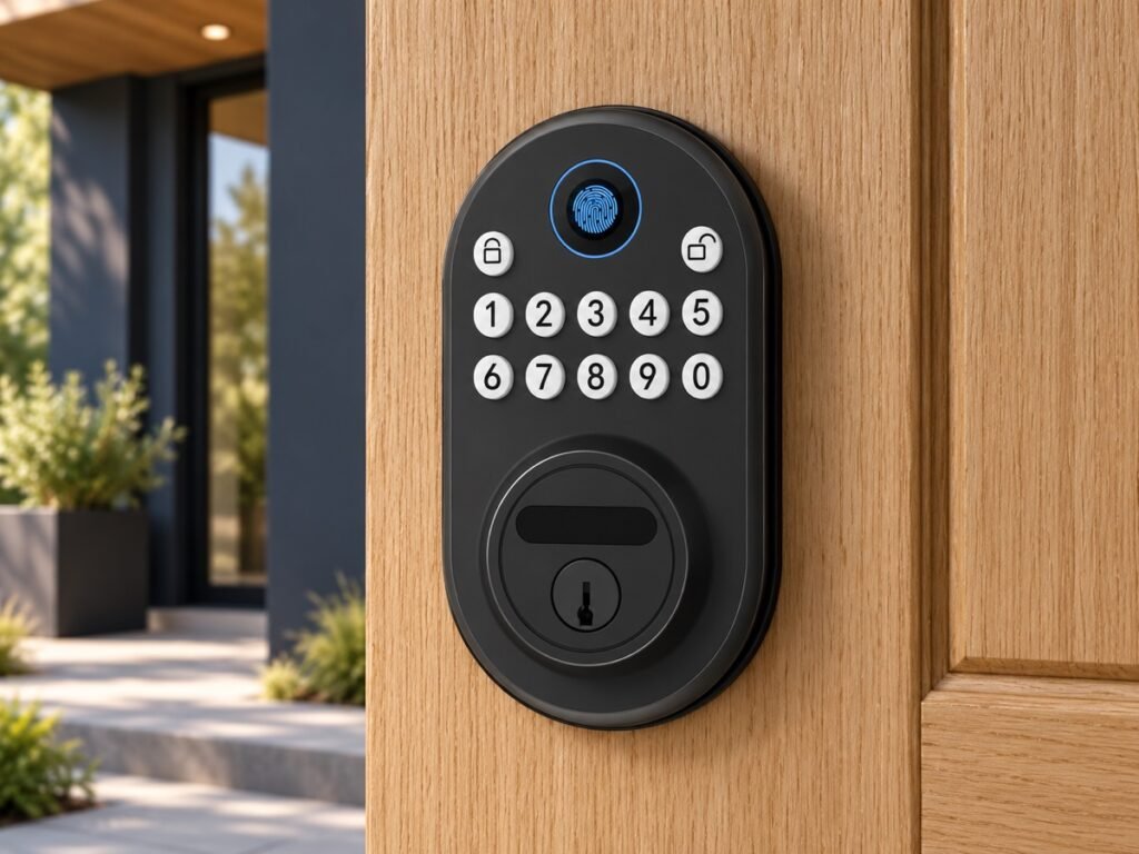 AI concept scene of the DSS500 fingerprint smart deadbolt on an oak door; illustrative installation only