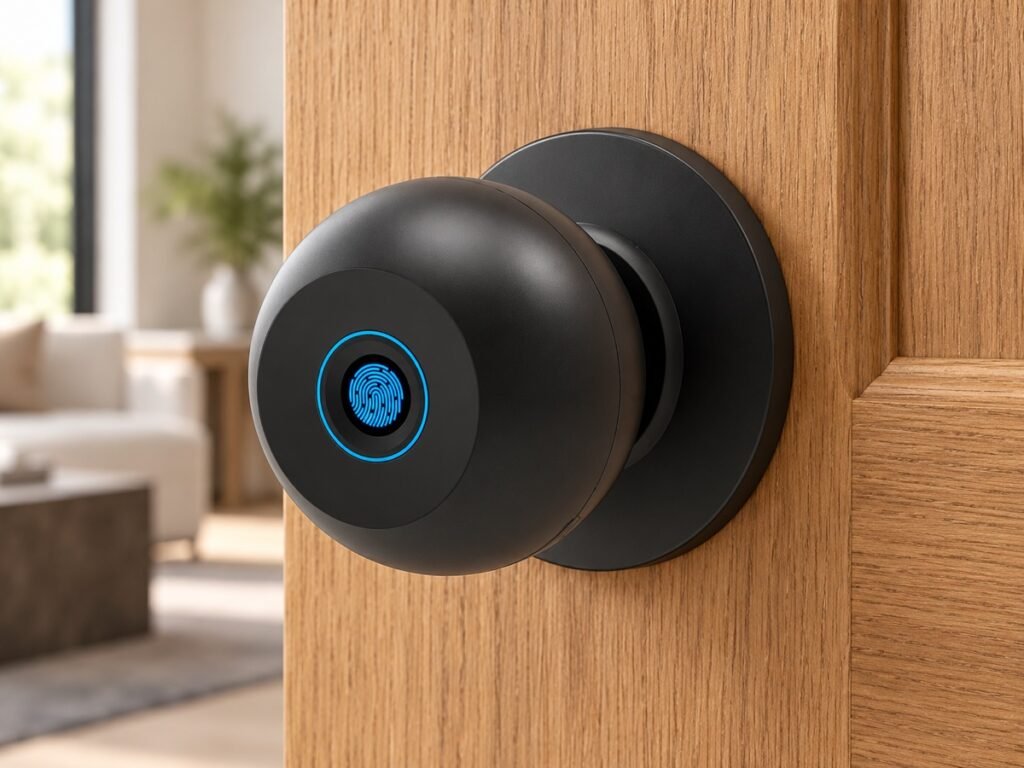 AI concept scene of the G990P fingerprint smart door knob on an oak interior door; illustrative installation only