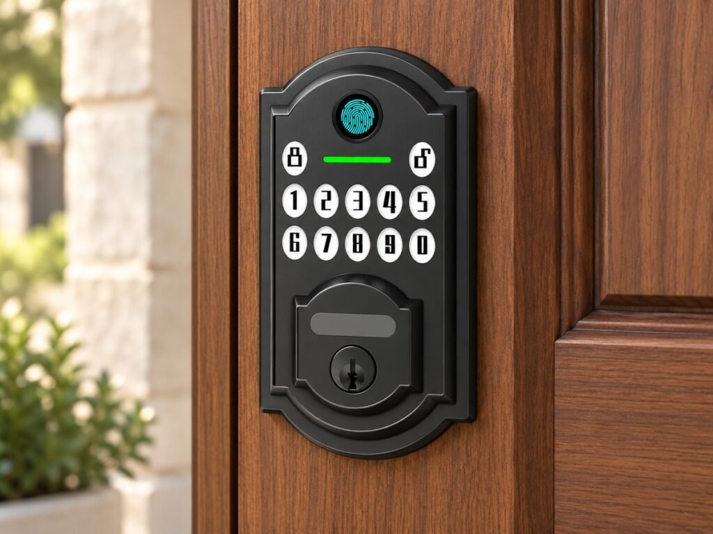 AI concept scene of the GA01 fingerprint smart deadbolt on a walnut door; illustrative installation only
