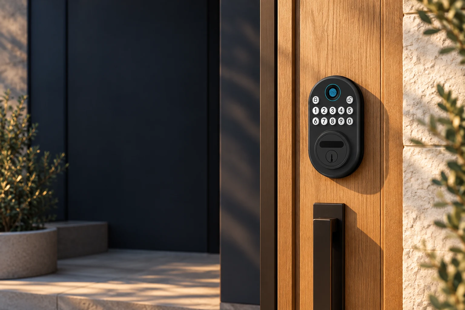 Concept visualization of a DSS500 deadbolt on a wooden entrance door; not an installation photograph